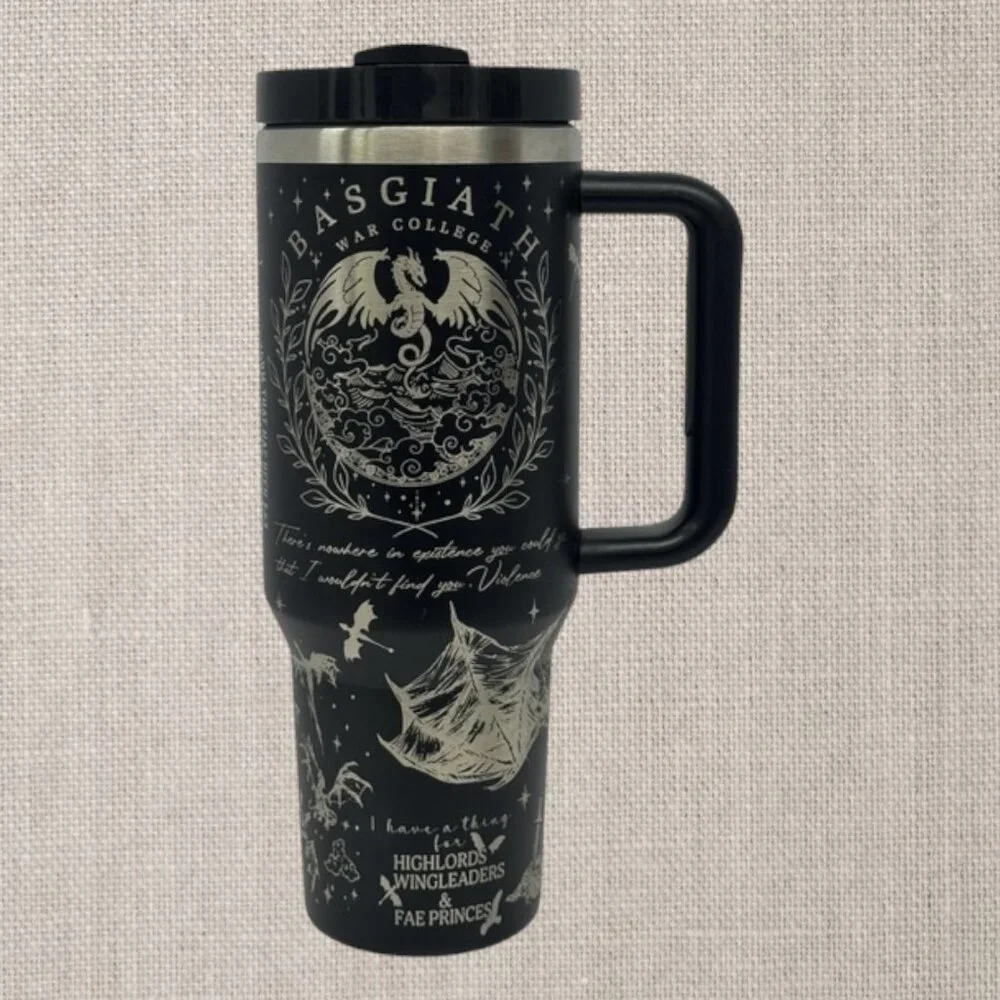 NWOT Basgiath War College 4th Fourth Wing Dragon Rider Black Silver 40oz Tumbler